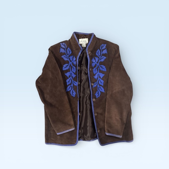 LINEA BY LOUIS DELL'OLIO JACKET SUEDE LEATHER EMBROIDERED OPEN BROWN/BLUE MED - Picture 4 of 4